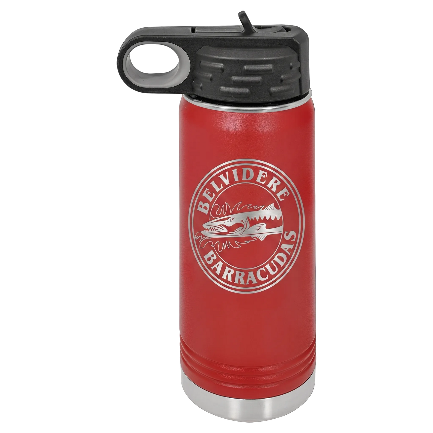 Red water bottle with a logo on a white background